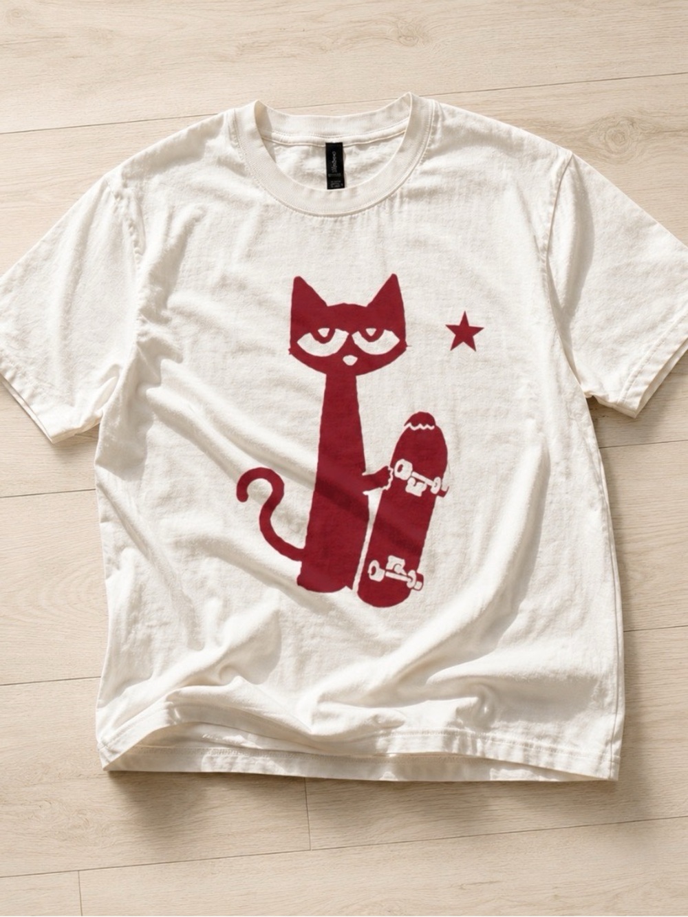 Gildan White Tee with Red Cat Skateboard Graphic